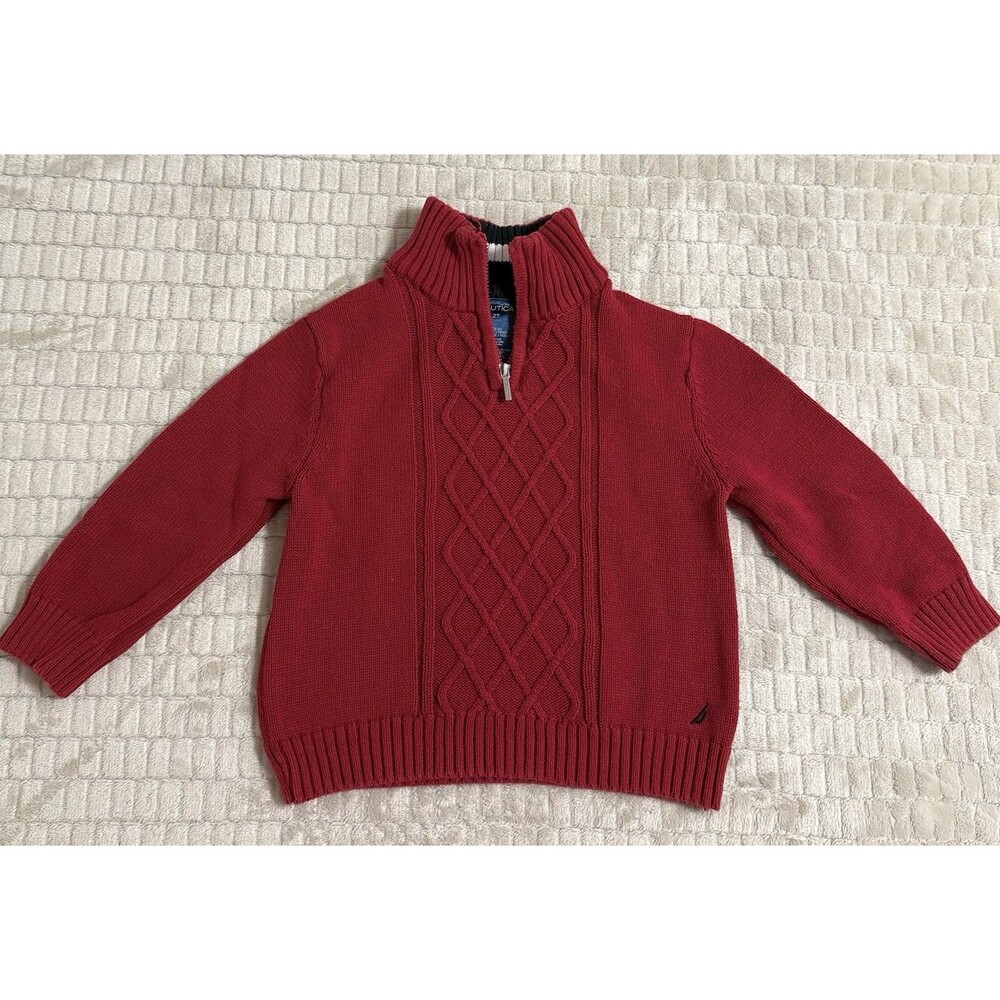 Nautica Boys Red Cable Knit Sweater 2T Quarter Zip Pullover Cotton
